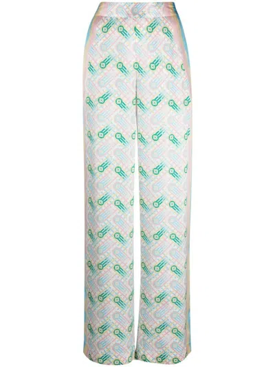 Casablanca Printed Silk Straight Leg Trousers In White