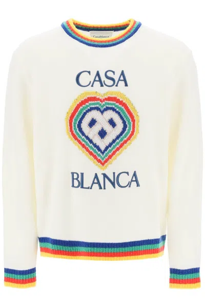 Casablanca Rainbow Heart Virgin Wool Sweater In 白色的