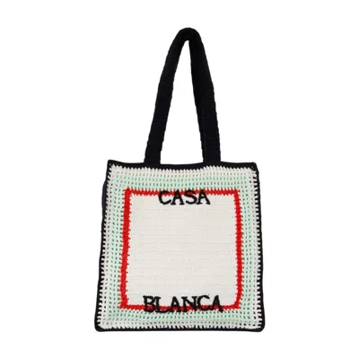 Casablanca Rectangular Crochet Shopper Bag With Prominent Text Design In White