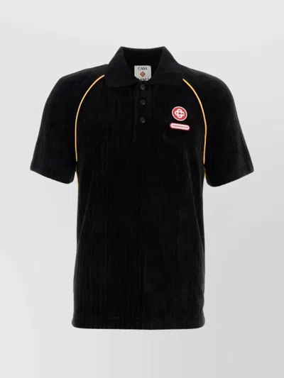 Casablanca Ribbed Collar Corduroy Polo Shirt With Short Sleeves In Black