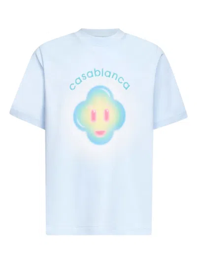 Casablanca Ribbed Crew Neck Short Sleeve T-shirt With Airbrush Artwork In Clear Blue