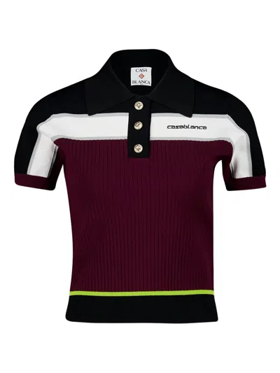 Casablanca Ribbed Knit Mini Polo With Stripe Details For Women In Burgundy