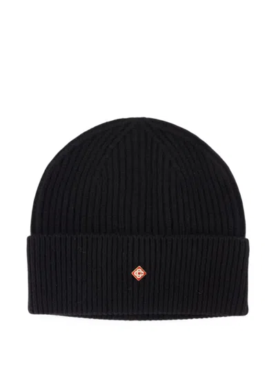 Casablanca Ribbed-knit Logo-plaque Beanie Hat In Black