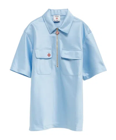 Casablanca Satin Quarter Zip Short Sleeve Shirt In Blue