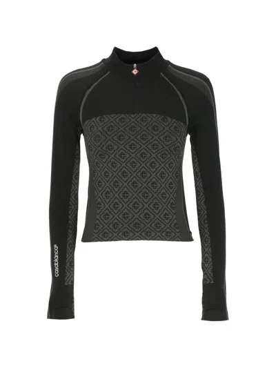 Casablanca Grey Seamless Monogram Half Zip Long Sleeve Top In Multi