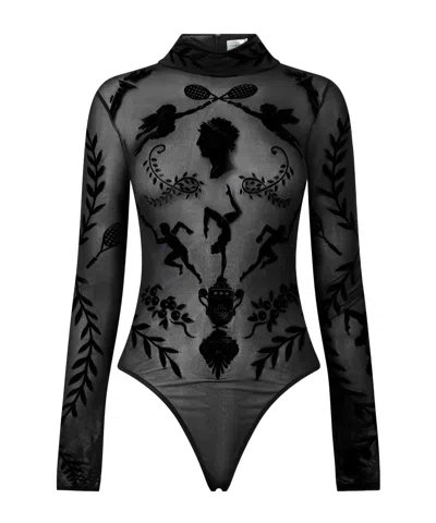Casablanca Semisheer Mesh Turtleneck Bodysuit In Black