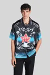 Casablanca Black Blades Short Sleeve Silk Satin Shirt In Black