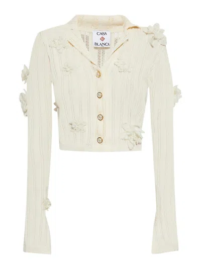 Casablanca Short Cardigan In Knitwear With Flowers In White