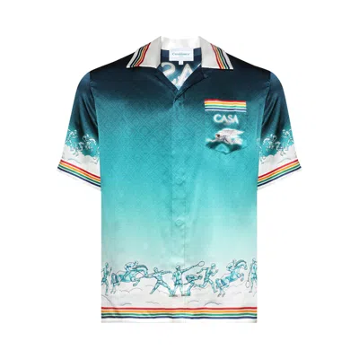 Pre-owned Casablanca Short-sleeve Cuban Collar Shirt 'la Deesse Du Stade' | Blue | Men's Size S