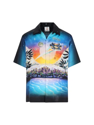 Casablanca Short-sleeved Black Silk Shirt In Blue