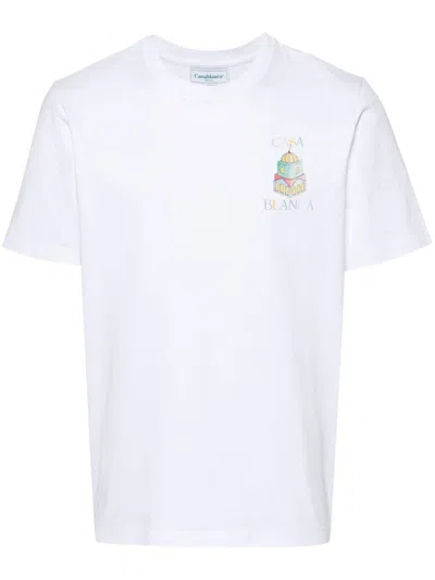 Casablanca Short-sleeved Cotton T-shirt With Front Print And Back Print In White