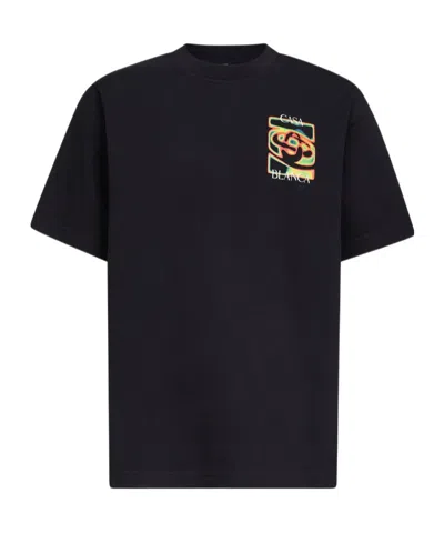 Casablanca Black Crewneck T-shirt With Logo Detail On The Front And Maxi Logo On The Rear In Cotton Man
