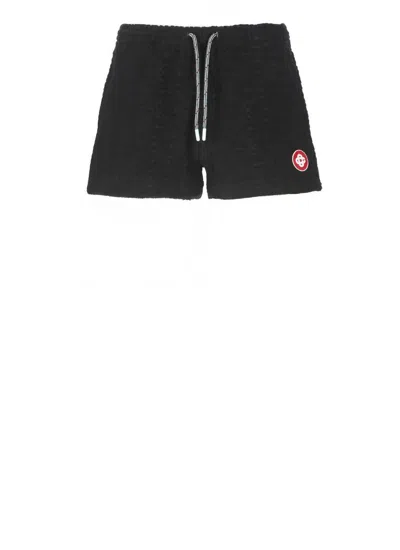 Casablanca Monogram Textured Elastic Waist Drawstring Shorts In Black