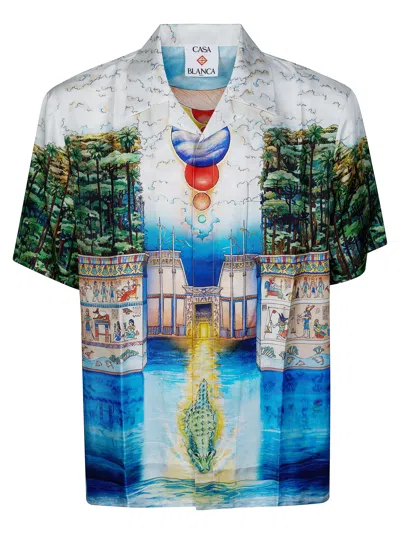Casablanca Short-sleeved Silk Shirt With Cuban Collar And Intricate Egyptian Print In Multi