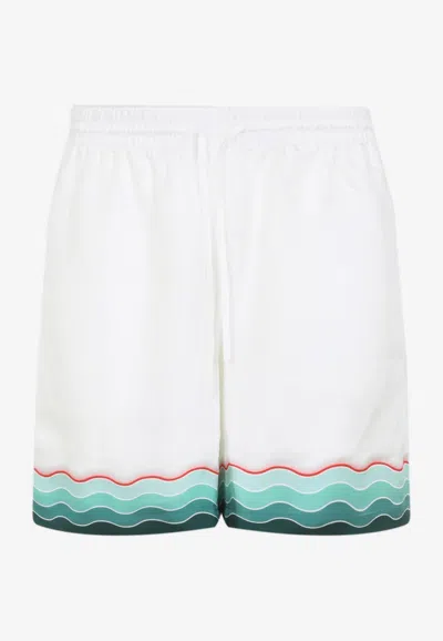 Casablanca Silk Twill Drawstring Shorts With Graphic Print In White