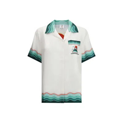 Casablanca Women Silk Cuban Collar Short Sleeve Shirt In White