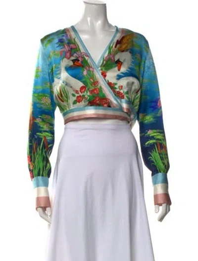 Pre-owned Casablanca Silk Floral Print Crop Top In Blue/green