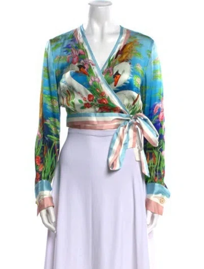 Pre-owned Casablanca Silk Printed Crop Top In Green