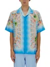 Casablanca Light Blue Bowling Shirt With All-over Graphic Print In Silk Man