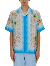 Casablanca Light Blue Bowling Shirt With All-over Graphic Print In Silk Man In Multicolour