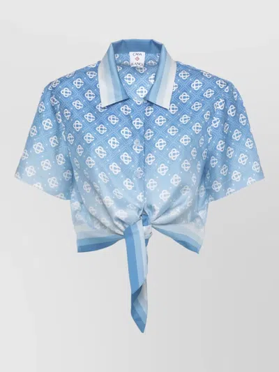 Casablanca Mini Short-sleeve Silk Shirt With Front Knot And Pattern In Blue