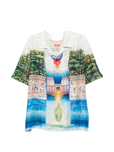 Casablanca Short-sleeved Graphic Print Silk Shirt With Cuban Collar In Multi