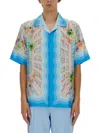 Casablanca Light Blue Bowling Shirt With All-over Graphic Print In Silk Man