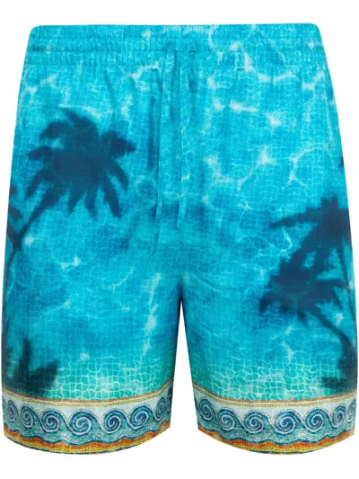 Casablanca Mens Caustics Emblem Palm-print Drawstring-waist Silk Shorts In Blue