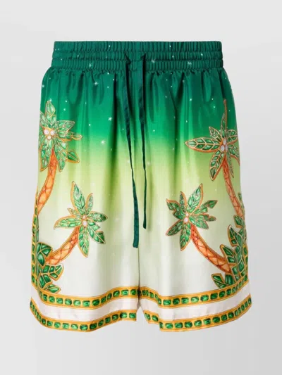 Casablanca Silk Shorts With Contrasting Trim And African Print In Green