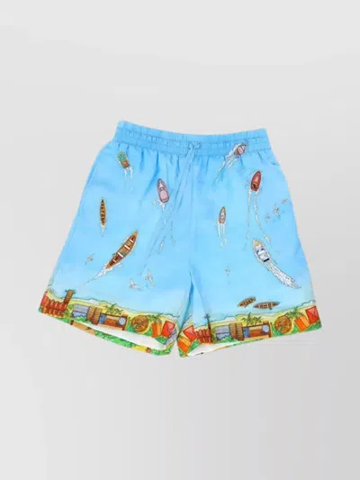 Casablanca Maison Sur Piloti Straight-leg Printed Silk-twill Drawstring Shorts In Blue