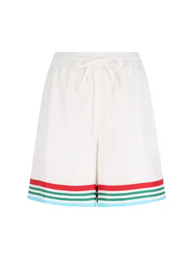 CASABLANCA SILK SHORTS WITH MULTI-COLOR LOGO PRINT