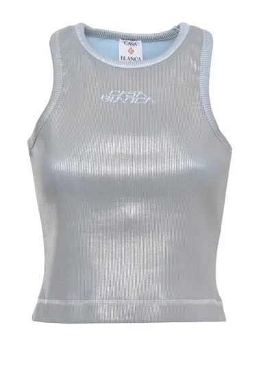 Casablanca Silver Embroidered Logo Cotton Tank Top In Animal Print