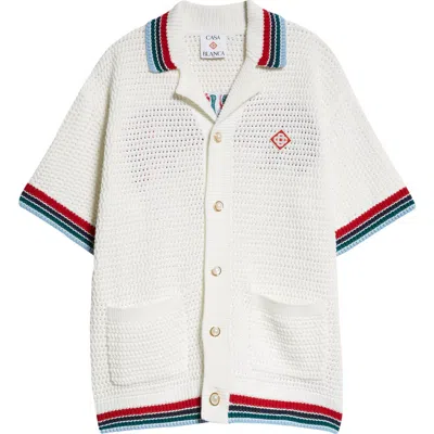 Casablanca Sporty Faux Crochet Cotton Short Sleeve Button-up Shirt In White
