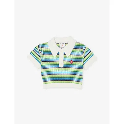 Casablanca Kids' Stripe-print Crochet-knit Cotton Polo Top 5 In Multi