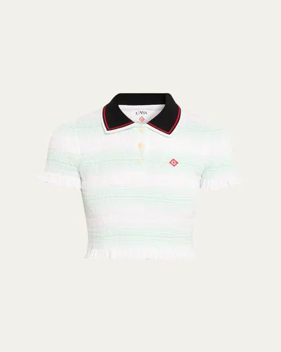 CASABLANCA STRIPE SHIRRED CROP POLO SHIRT