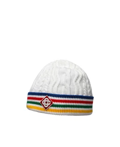 Casablanca Striped Cable-knit Wool Beanie In White