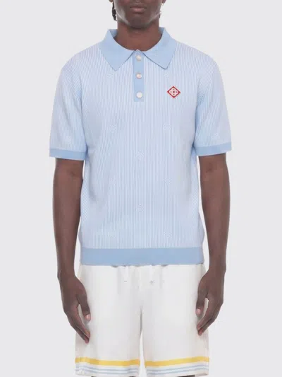 Casablanca Striped Cotton Knit Polo Shirt With Ribbed Collar And Cuffs In Blue