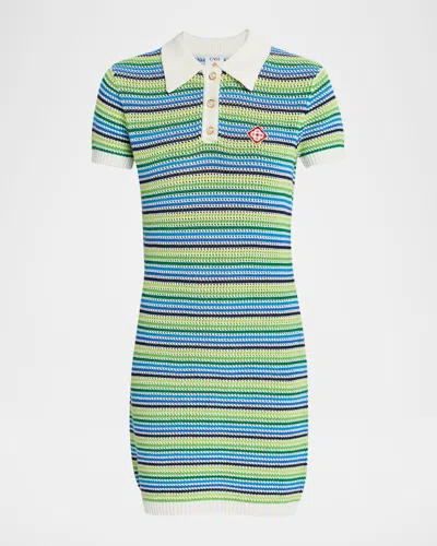 Casablanca Striped Crochet Short-sleeve Mini Polo Dress In Multi