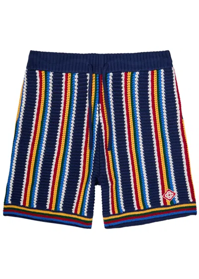 Casablanca Striped-intarsia Cotton-blend Shorts In Navy