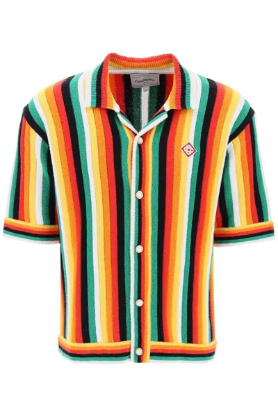Casablanca Striped Knit Bowling Shirt With Nine Words In Multicolor
