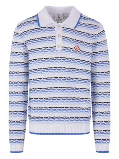 Casablanca Men Blue Polo Shirt With Logo Embroidery On The Front And All-over Striped Motif In Cotto In White