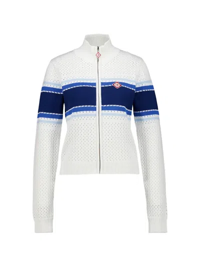 Casablanca Striped Pointelle-knit Cardigan In White