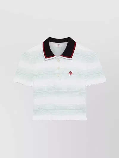 Casablanca Striped Shirred Polo Top In White