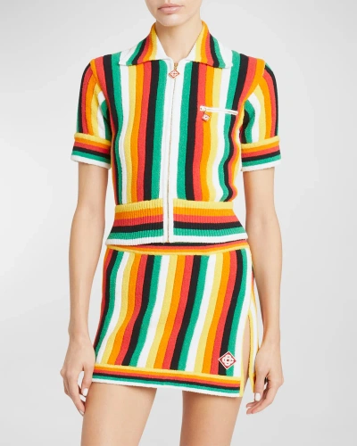 Casablanca Striped Towelling Short-sleeve Zip-front Top In Multicolour