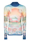 Casablanca High Neck Tulle Top With Multicolor Landscape Print In Multi