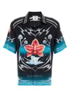 Casablanca Blades Orchid-print Cuban-collar Shirt In Black