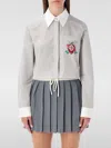 Casablanca Cropped Long-sleeved Striped Shirt With Floral Embroidery In Gray