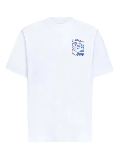 Casablanca Men White Crewneck T-shirt With Logo Detail On The Front And Maxi Logo On The Rear In Cot