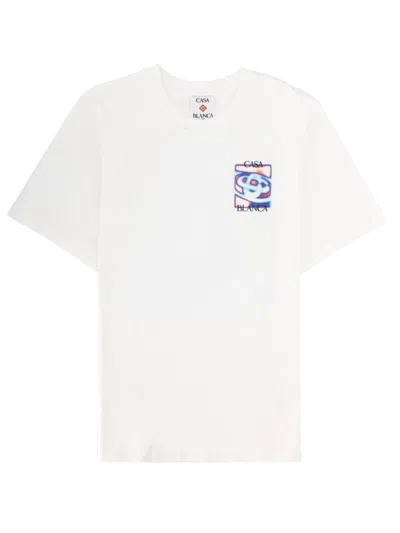Casablanca Men White Crewneck T-shirt With Logo Detail On The Front And Maxi Logo On The Rear In Cot