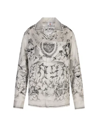 Casablanca Tattoo Long Sleeved Satin Shirt In White